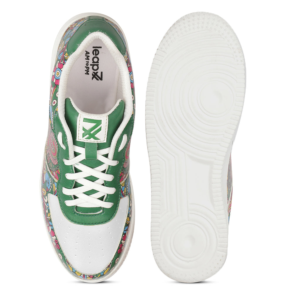 Leap7x Lacing White Kalamkari Printed Casual Sneakers For Women MJH-L6 By Liberty