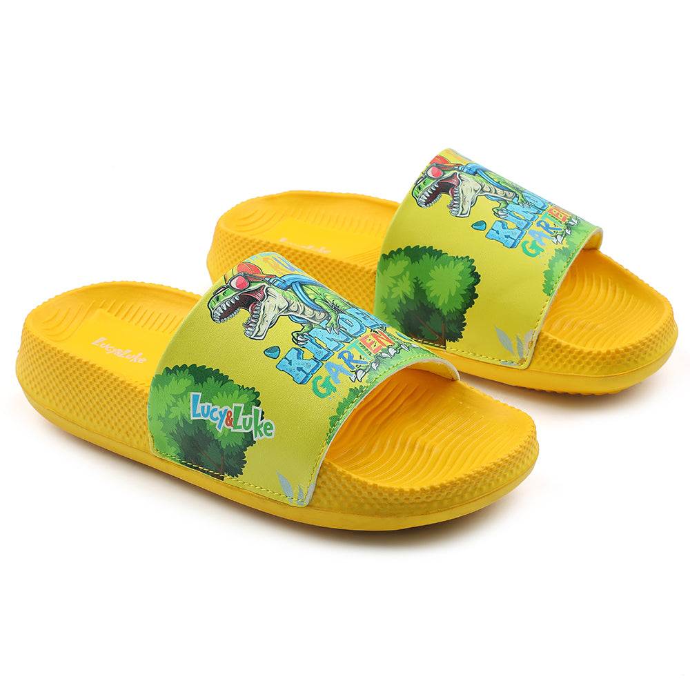 Lucy & Luke Casual Yellow Printed Slides For Kids CONNER-2E 