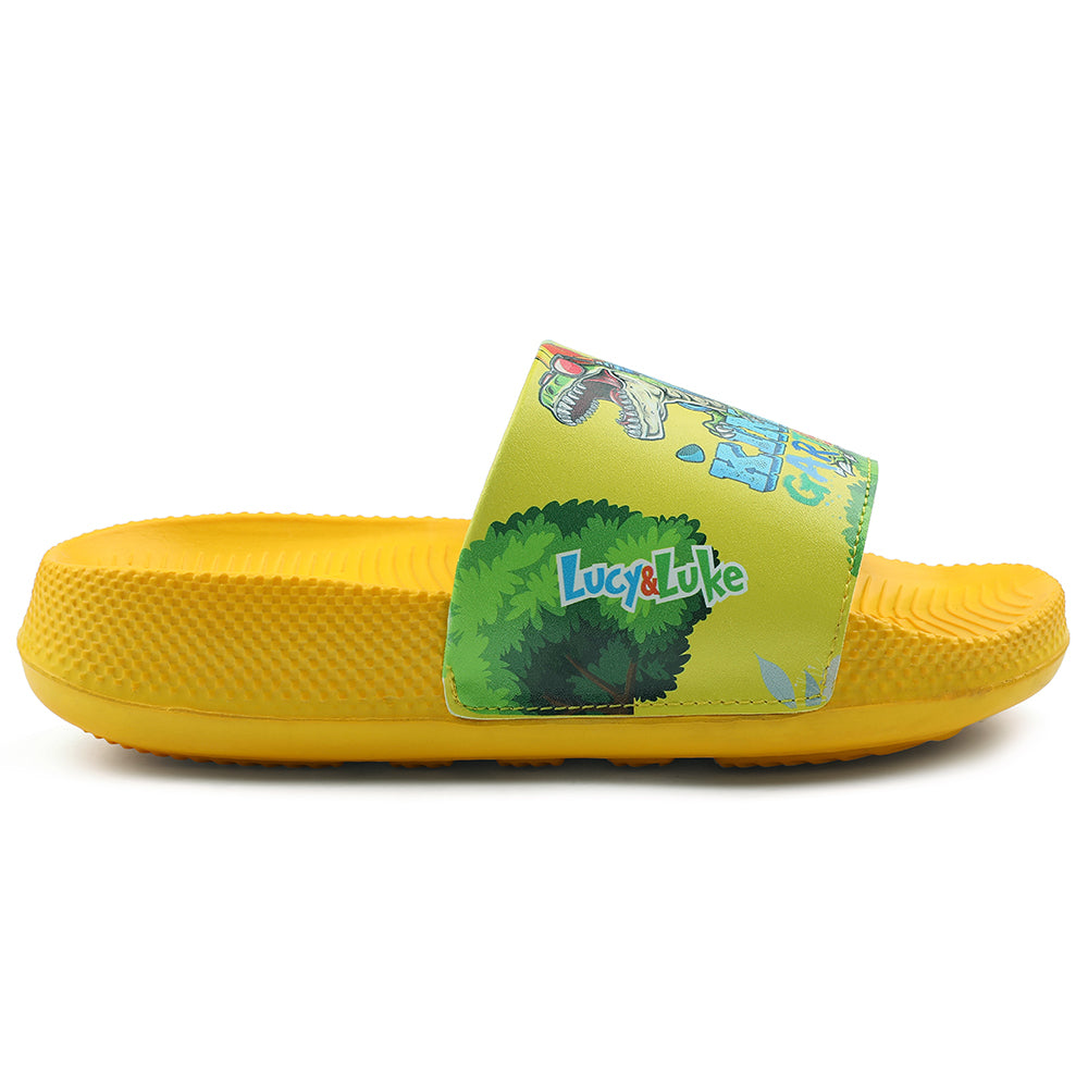 Lucy & Luke Casual Yellow Printed Slides For Kids CONNER-2E 