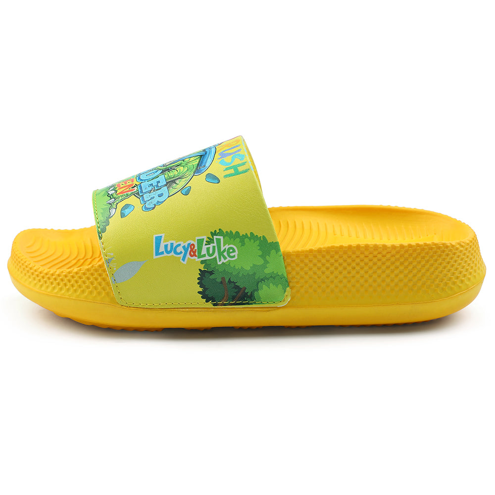 Lucy & Luke Casual Yellow Printed Slides For Kids CONNER-2E 